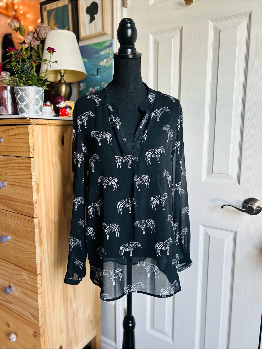 Banana Republic black sheer button down white zebra print blouse